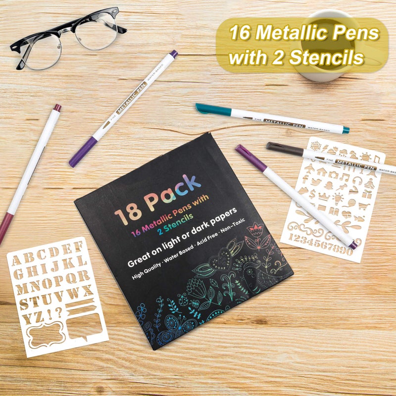 Lineon 18 Pack Metallic Marker Pens, Lineon 16 Colors Fine Tip Paint Pens with 2 Stencils for DIY Craft Photo Album Rock Art Painting Card Making Glass Wood - Image 2